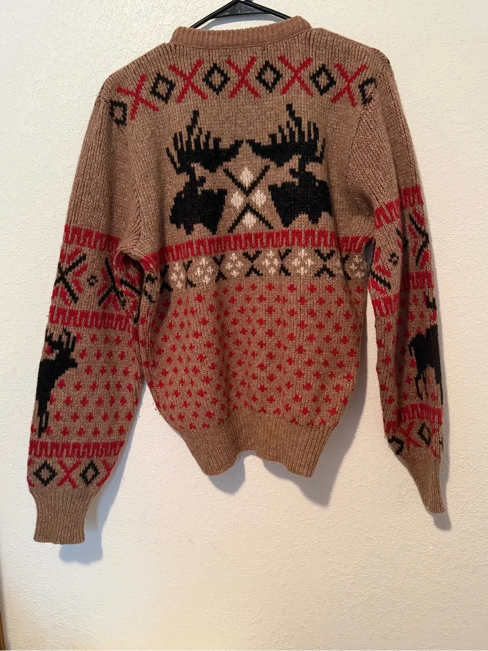Men's Crewneck Wool-blend Sweater in Brown with Black & Red Fair Isle Motif